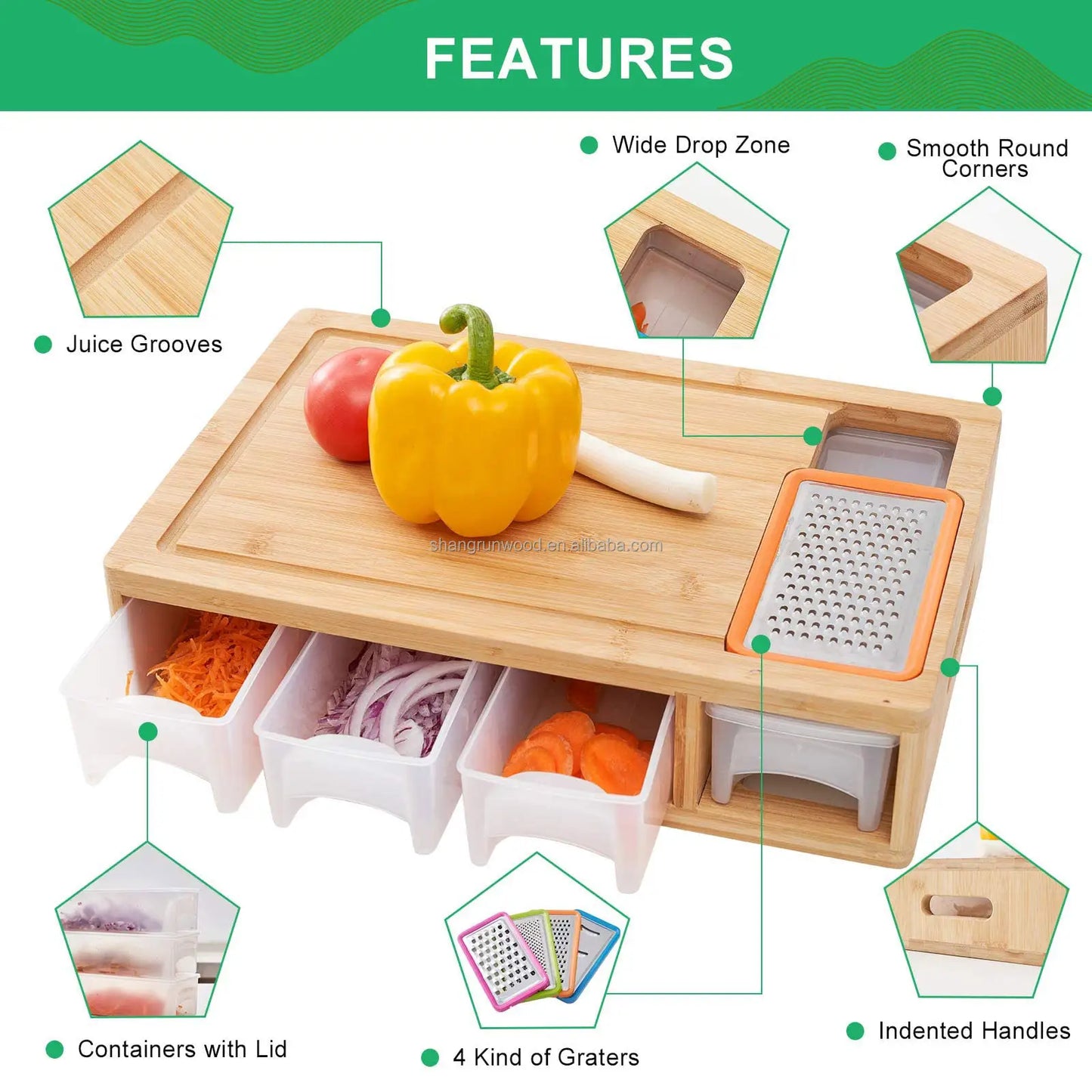 Bamboo Chopping Board Set – 4 Containers & Graters