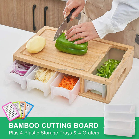 Bamboo Chopping Board Set – 4 Containers & Graters