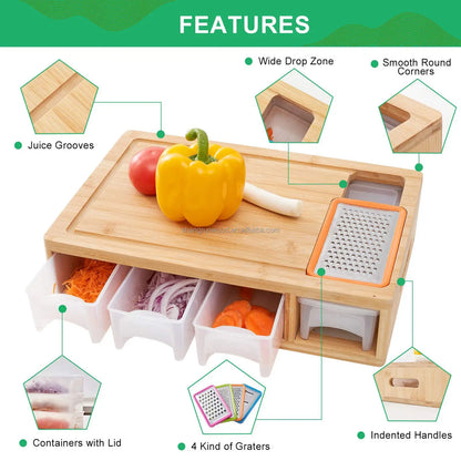 Bamboo Chopping Board Set – 4 Containers & Graters